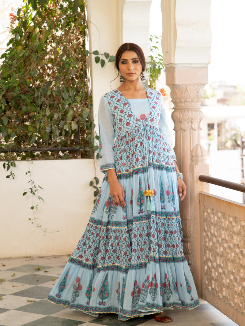 Chandni firoza mughal baagh jacket set by Maison Shefali for women Worldwide