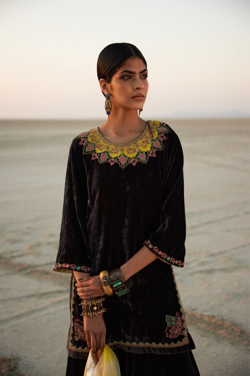 CHARCOAL BLACK SILK VELVET GHARARA SET Kurta Sets by Rajiramniq in black color for women Worldwide