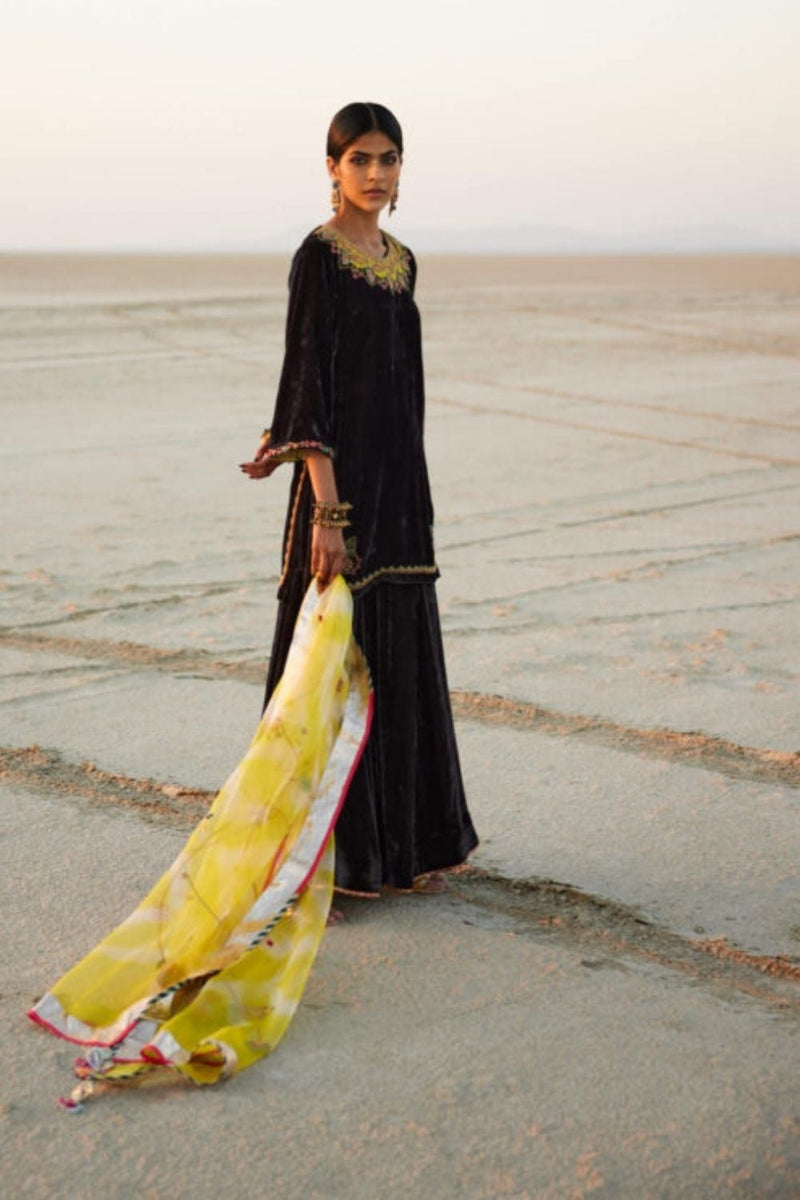 CHARCOAL BLACK SILK VELVET GHARARA SET Kurta Sets by Rajiramniq in black color for women Worldwide