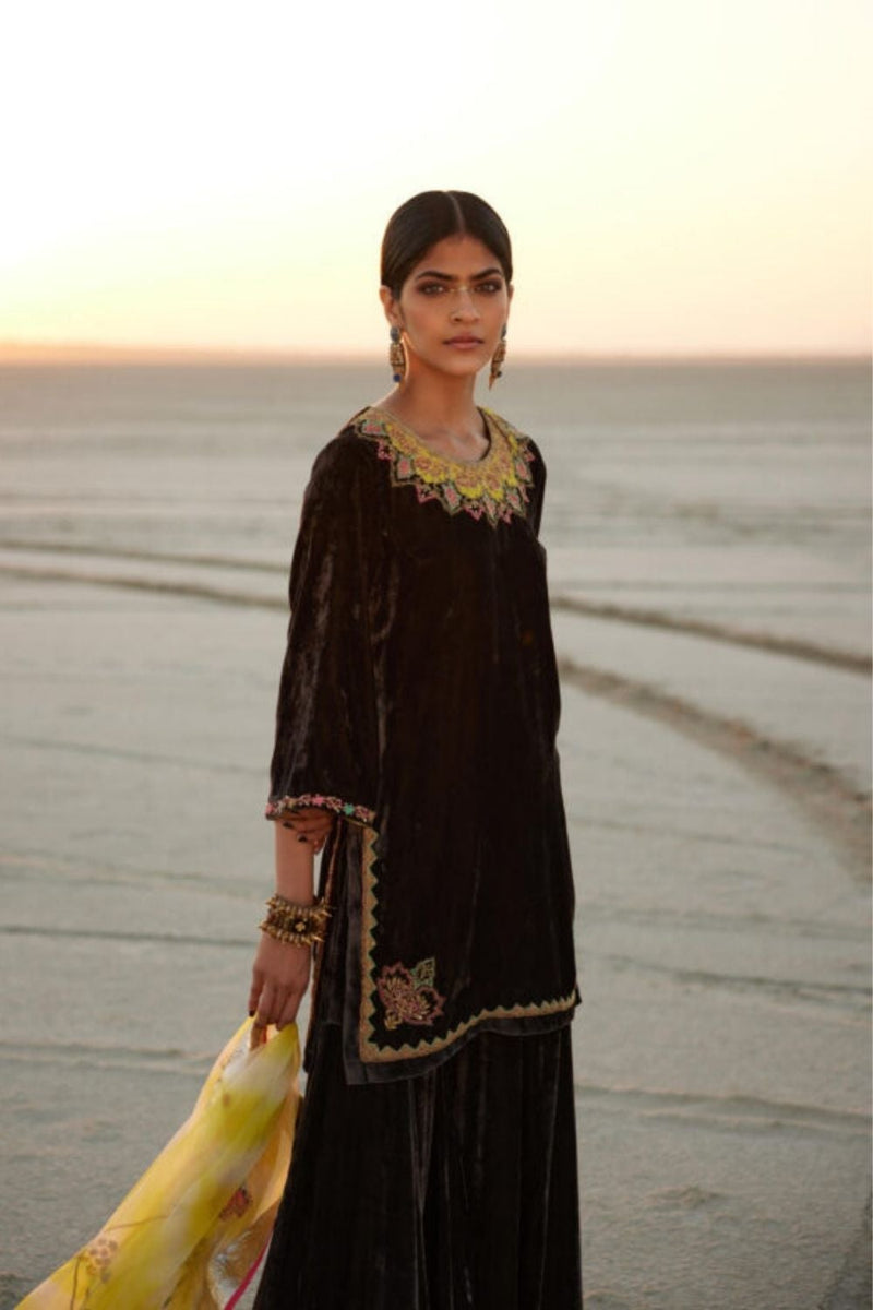 CHARCOAL BLACK SILK VELVET GHARARA SET Kurta Sets by Rajiramniq in black color for women Worldwide
