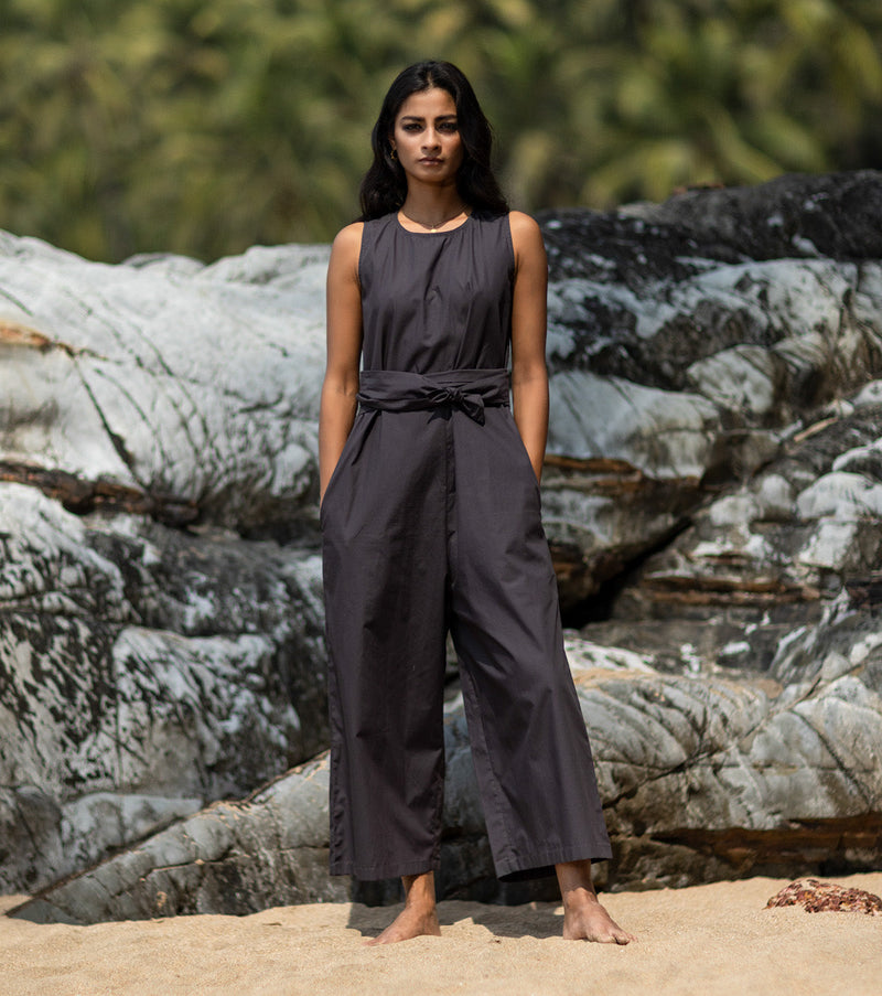 Chisel charcoal Jumpsuits by Khara Kapas in black for women Worldwide