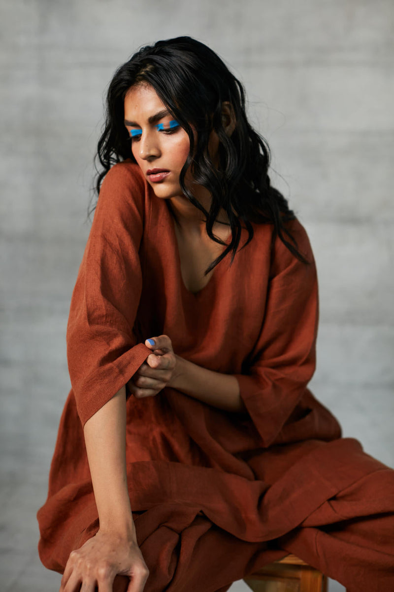 Cinnamon Linen Kurta Set linen Kurta Sets by Saphed for women Worldwide