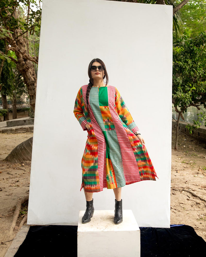 Turbo Elegance Dress gamcha dress by 145 East in green, multicolour for women Worldwide