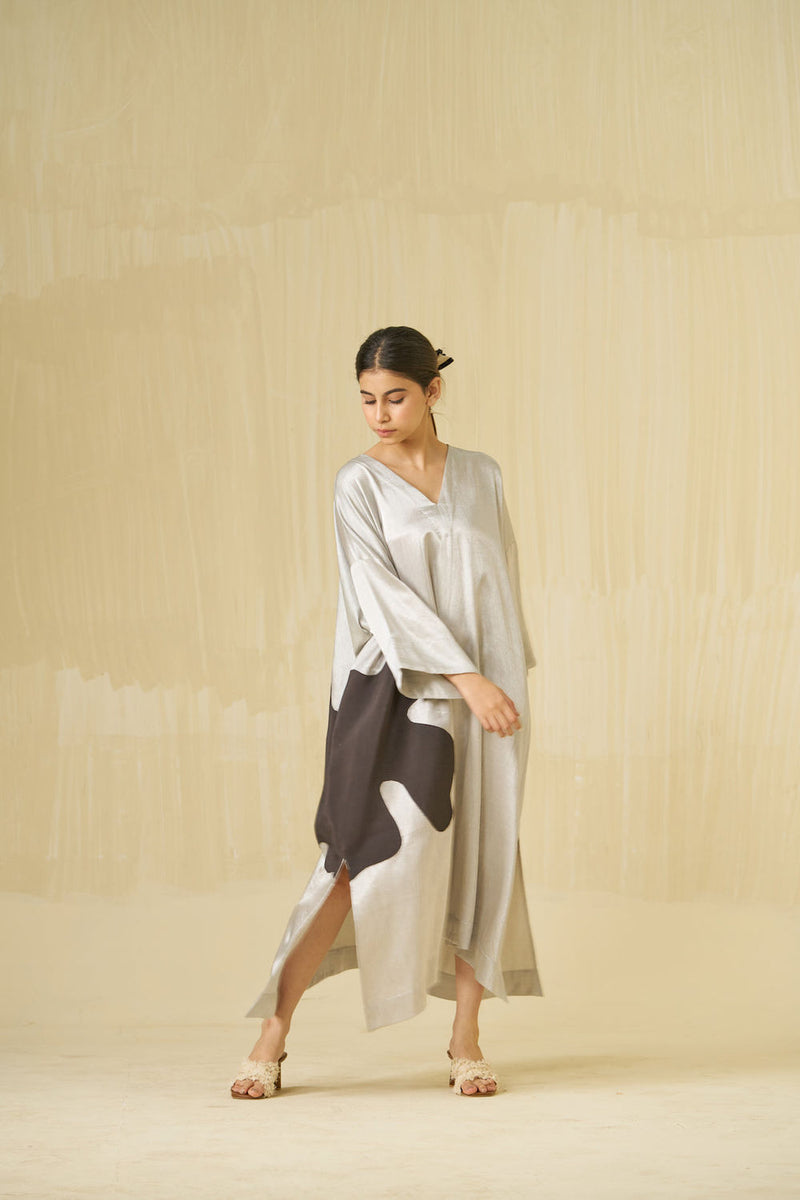 Cosmos Dress-Silver + Dark Chocolate mashru silk dress by Stoique in silver, dark chocolate for women Worldwide