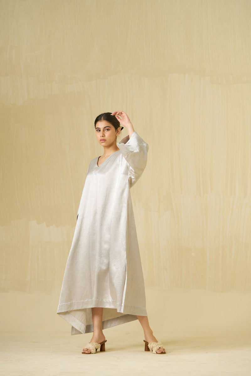 Cosmos Dress-Silver + Dark Chocolate mashru silk dress by Stoique in silver, dark chocolate for women Worldwide