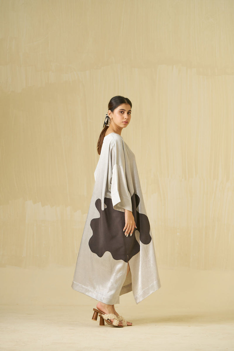 Cosmos Dress-Silver + Dark Chocolate mashru silk dress by Stoique in silver, dark chocolate for women Worldwide