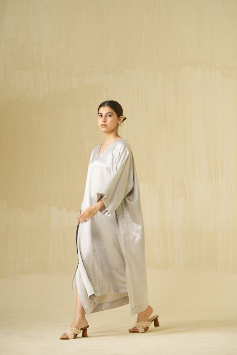 Cosmos Dress-Silver + Dark Chocolate mashru silk dress by Stoique in silver, dark chocolate for women Worldwide