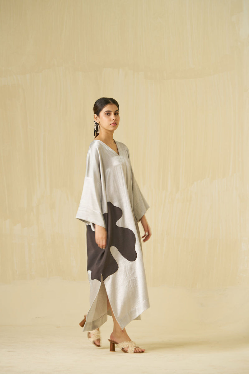 Cosmos Dress-Silver + Dark Chocolate mashru silk dress by Stoique in silver, dark chocolate for women Worldwide