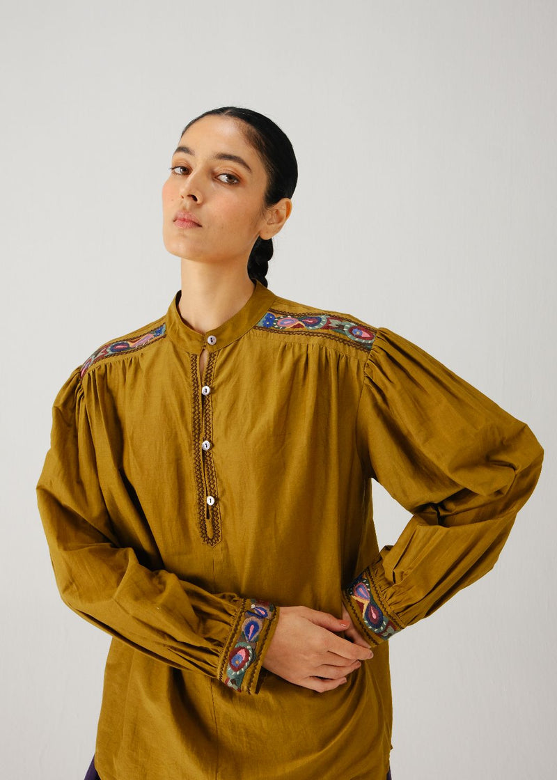 Peasant top-Olive band emb. silk by CORD for women Worldwide
