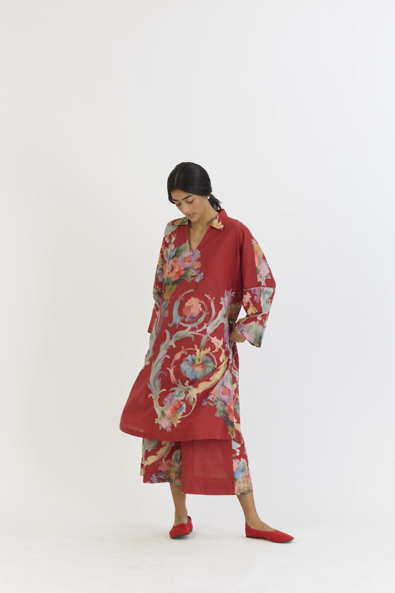 CRANBERRY COTTON KAFTAN SET cotton by Yam in red color for women Worldwide