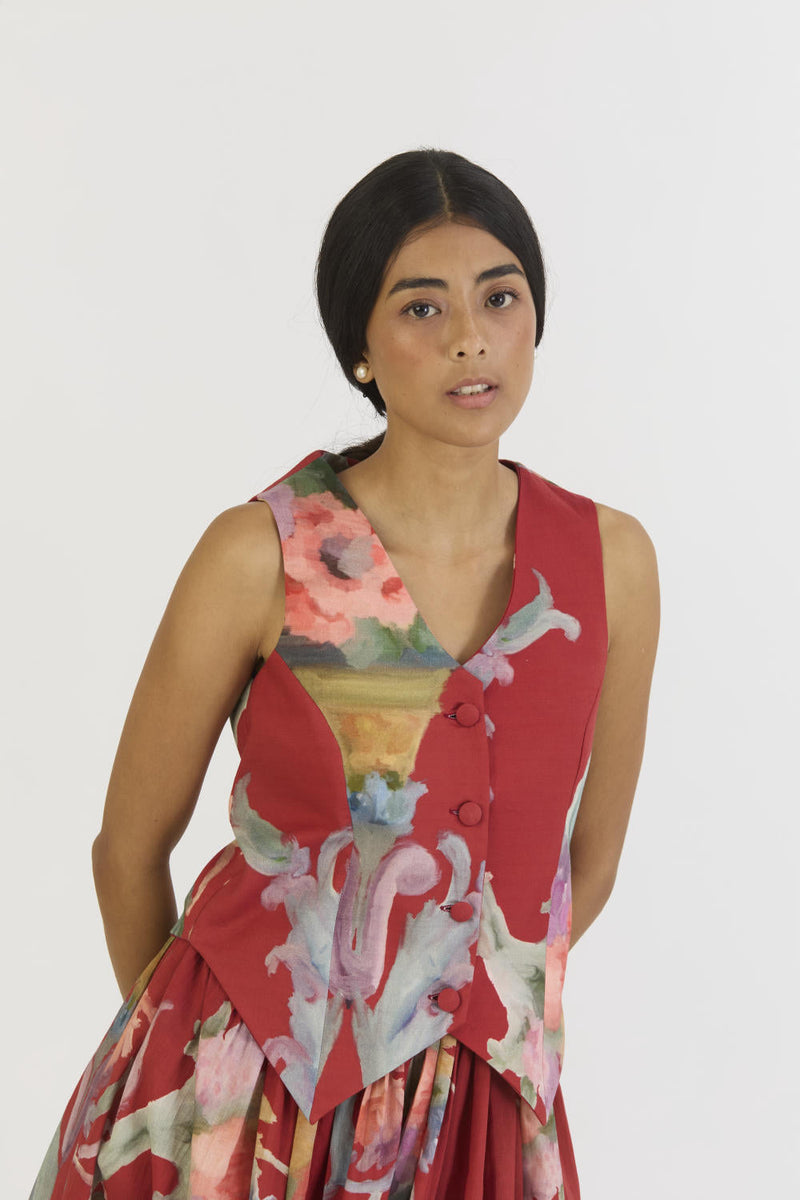 CRANBERRY WAISTCOAT AND SKIRT SET cotton by Yam in red color for women Worldwide