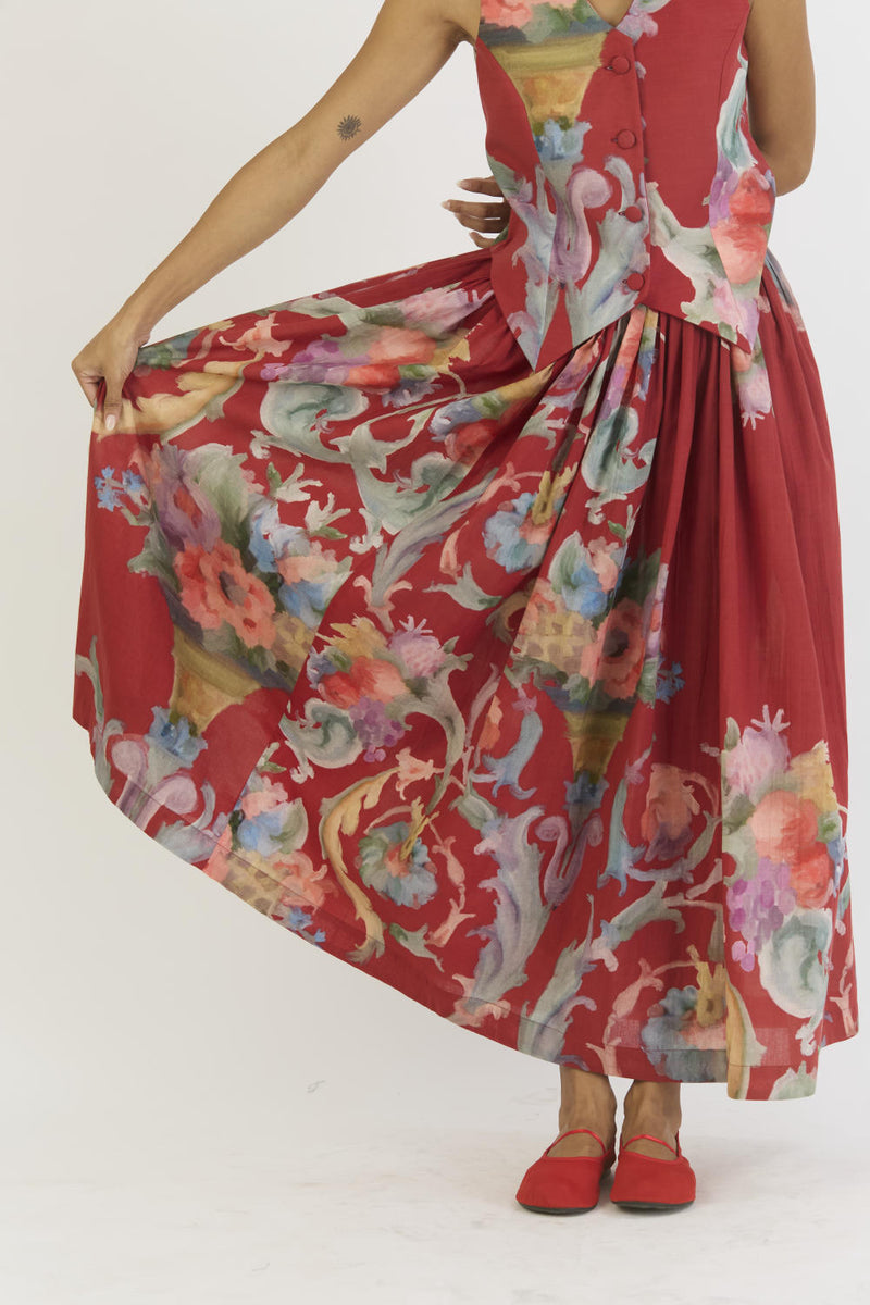 CRANBERRY WAISTCOAT AND SKIRT SET cotton by Yam in red color for women Worldwide