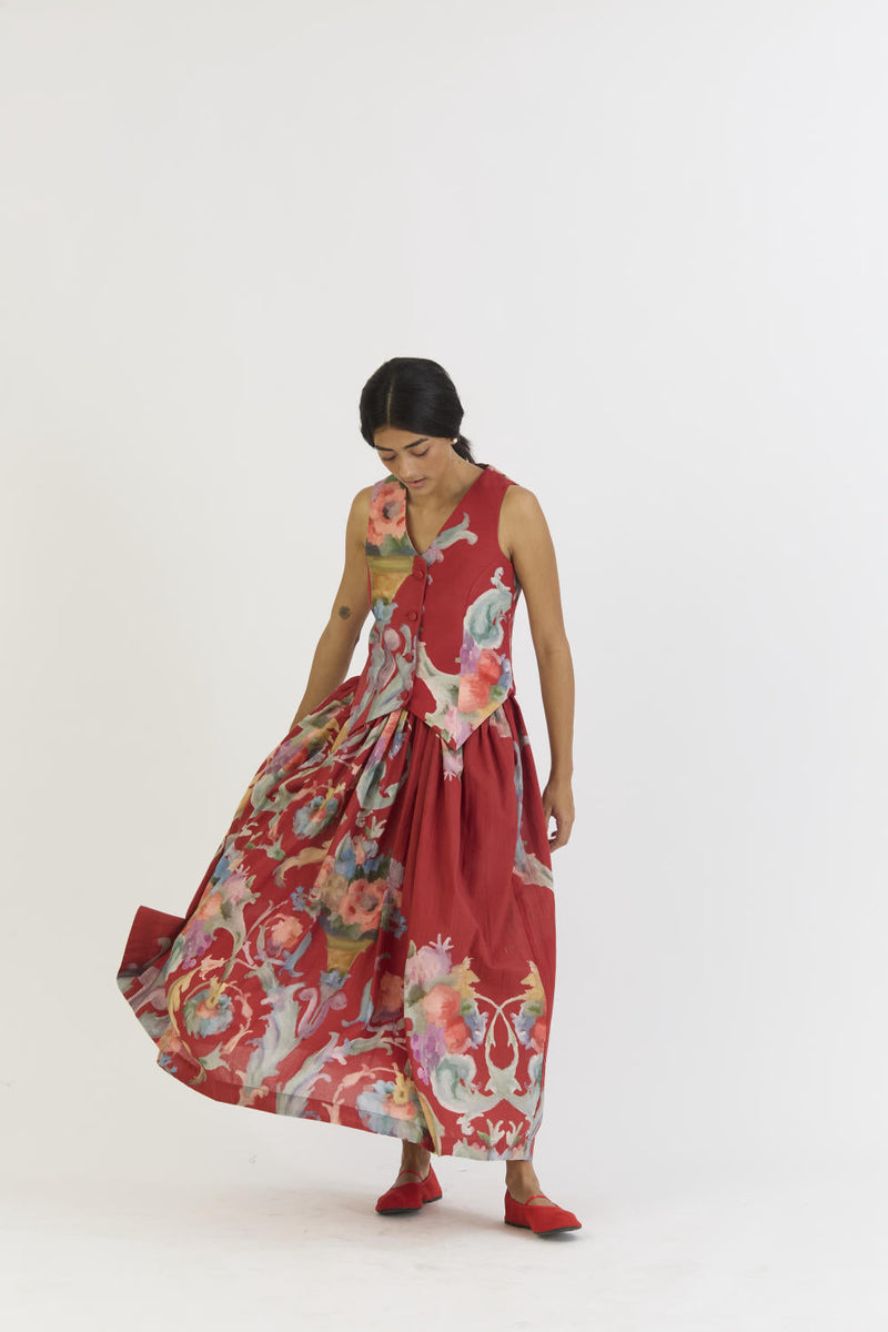 CRANBERRY WAISTCOAT AND SKIRT SET cotton by Yam in red color for women Worldwide