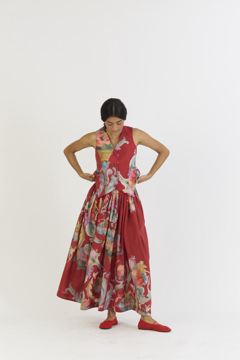 CRANBERRY WAISTCOAT AND SKIRT SET cotton by Yam in red color for women Worldwide