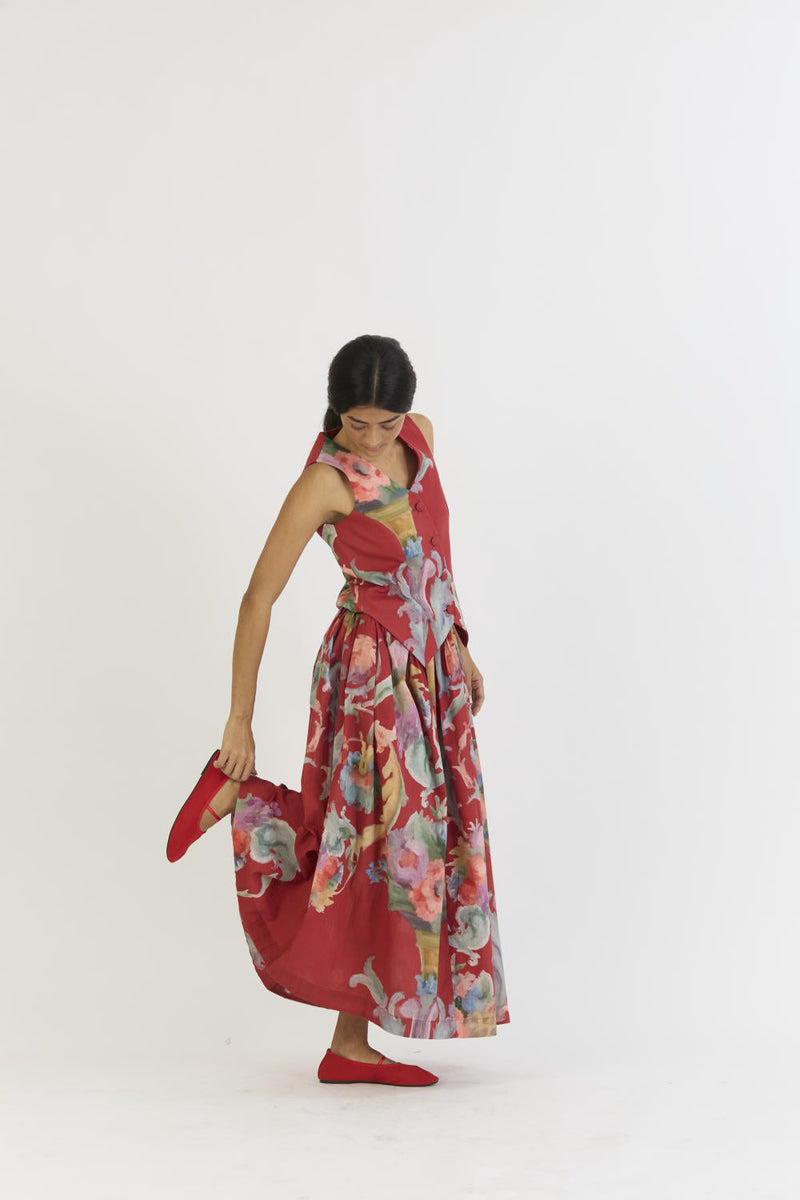 CRANBERRY WAISTCOAT AND SKIRT SET cotton by Yam in red color for women Worldwide