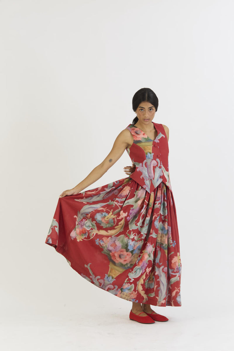 CRANBERRY WAISTCOAT AND SKIRT SET cotton by Yam in red color for women Worldwide