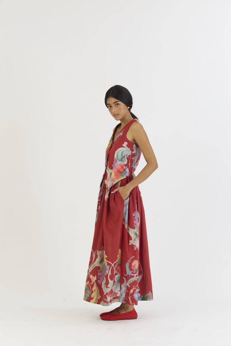 CRANBERRY WAISTCOAT AND SKIRT SET cotton by Yam in red color for women Worldwide