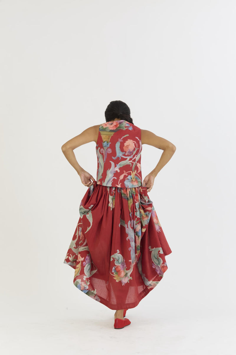 CRANBERRY WAISTCOAT AND SKIRT SET cotton by Yam in red color for women Worldwide