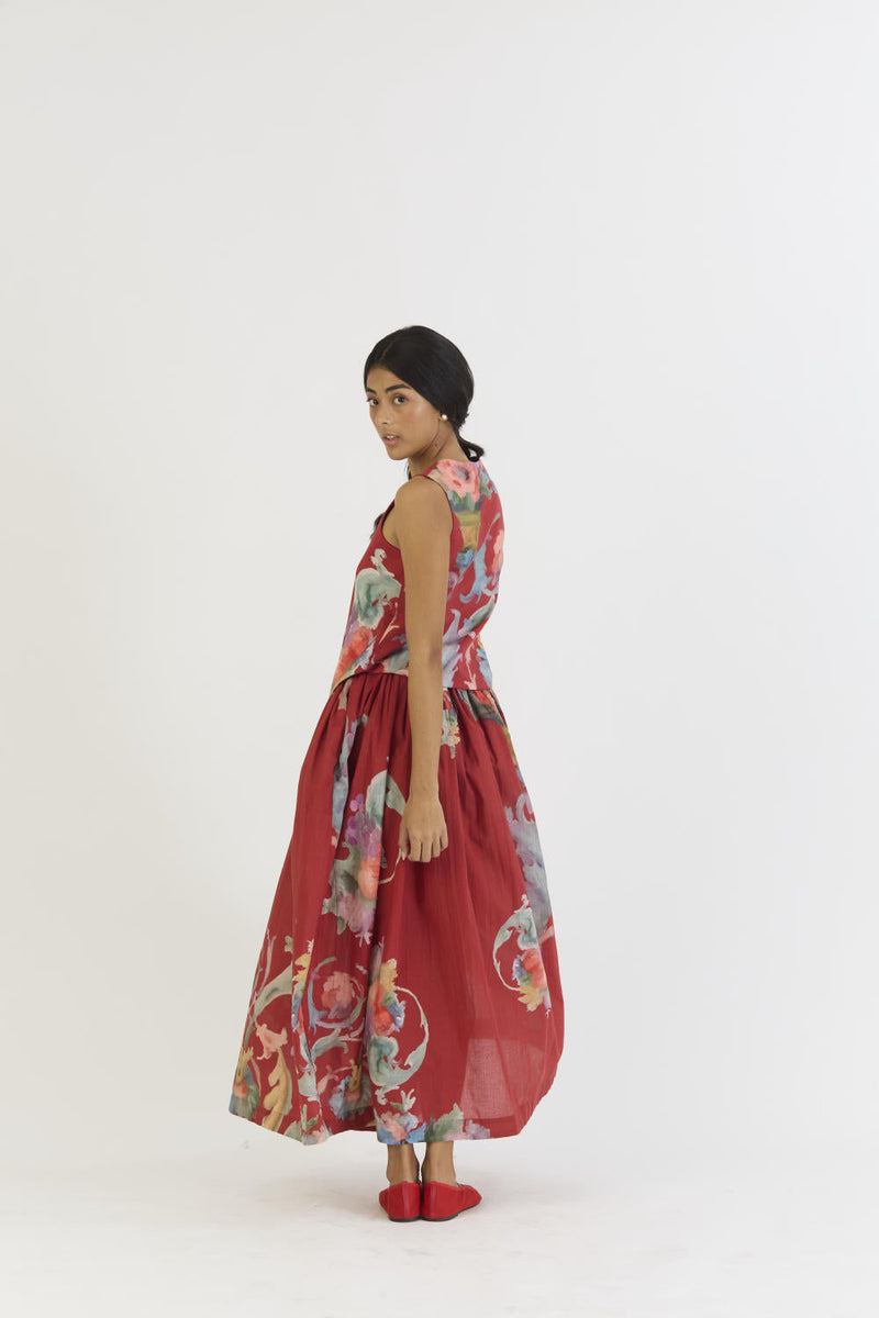CRANBERRY WAISTCOAT AND SKIRT SET cotton by Yam in red color for women Worldwide