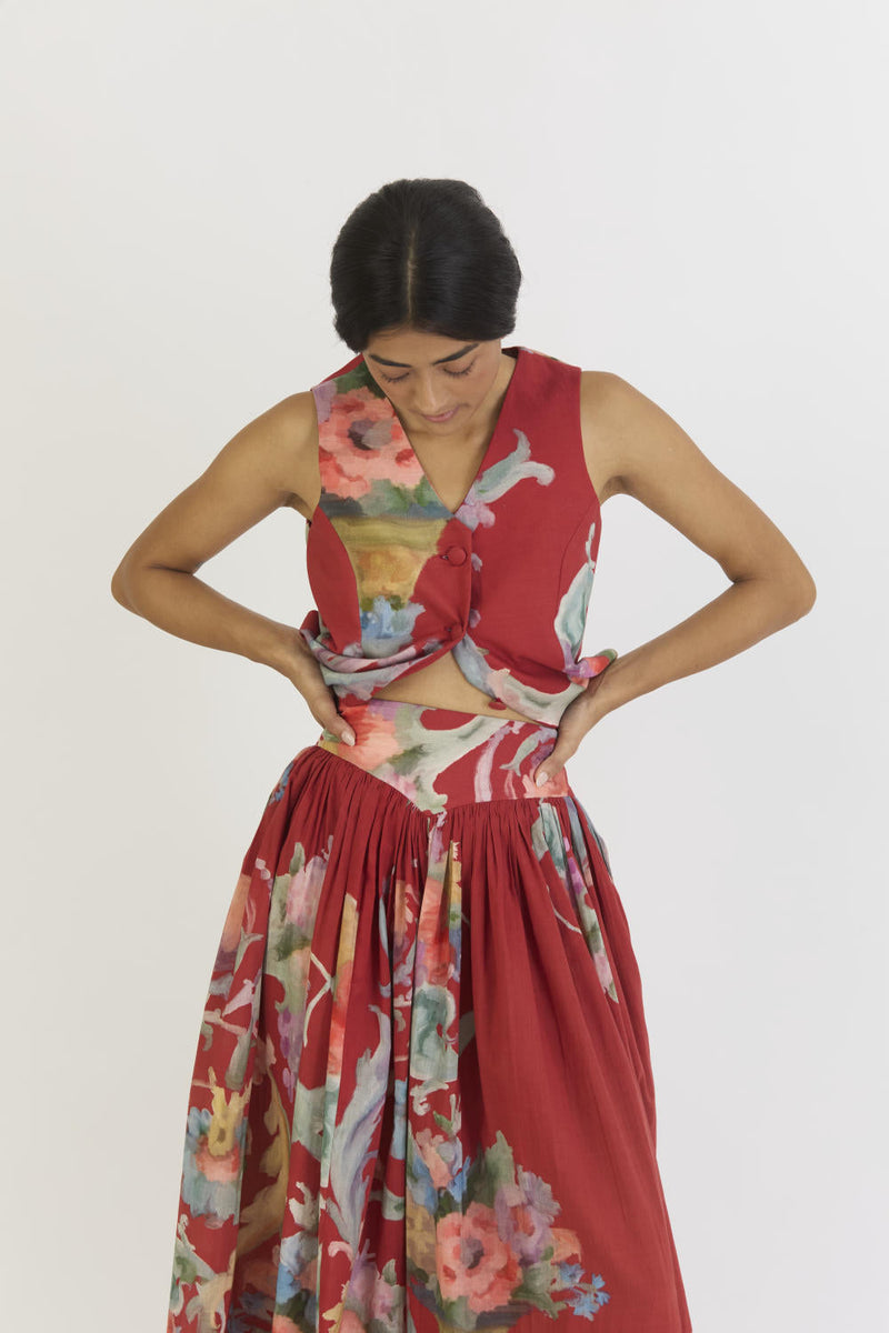 CRANBERRY WAISTCOAT AND SKIRT SET cotton by Yam in red color for women Worldwide
