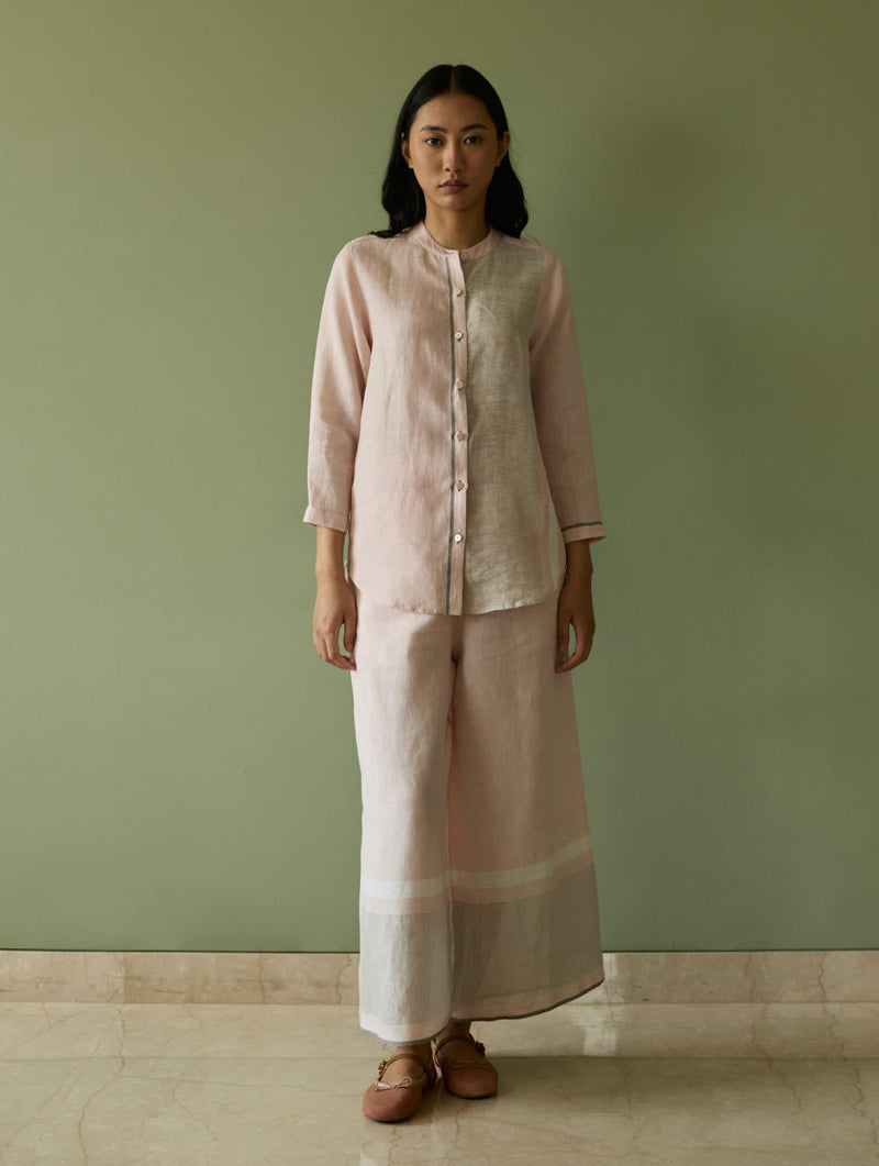 Aline Mandarin Collar Border Linen Shirt-Blush linen by Manan in blush color for women Worldwide