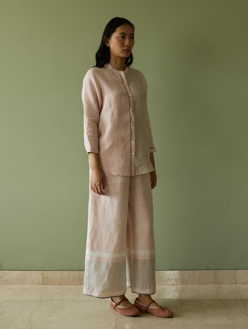 Aline Mandarin Collar Border Linen Shirt-Blush linen by Manan in blush color for women Worldwide