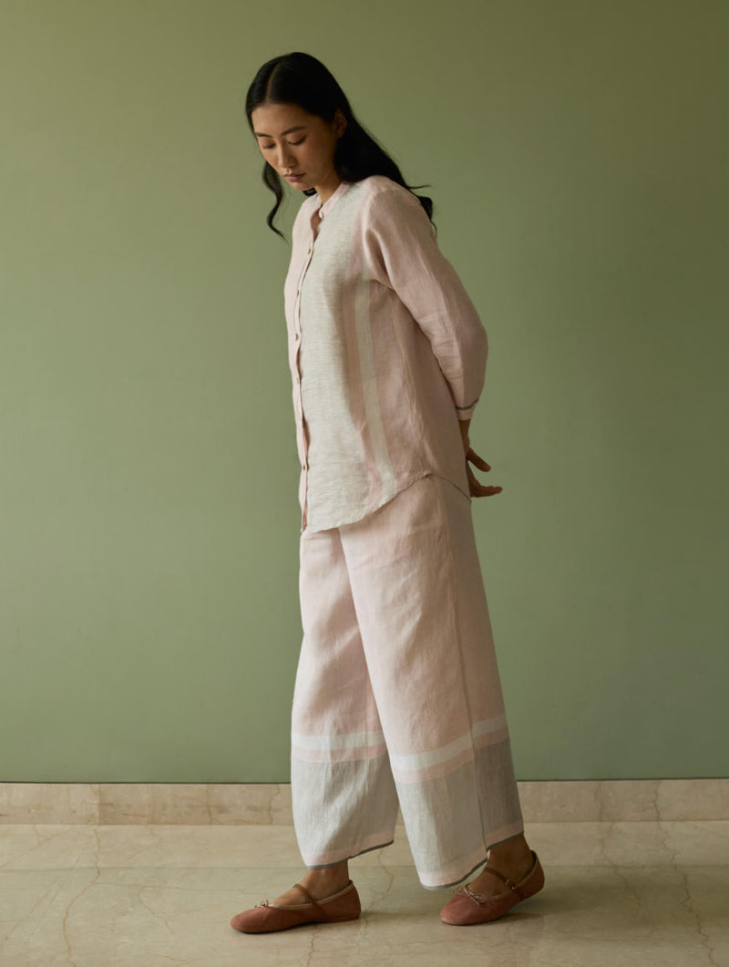 Aline Mandarin Collar Border Linen Shirt-Blush linen by Manan in blush color for women Worldwide