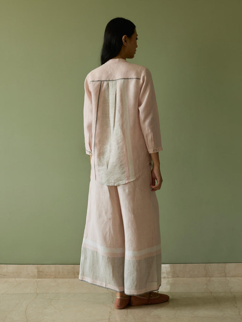 Aline Mandarin Collar Border Linen Shirt-Blush linen by Manan in blush color for women Worldwide