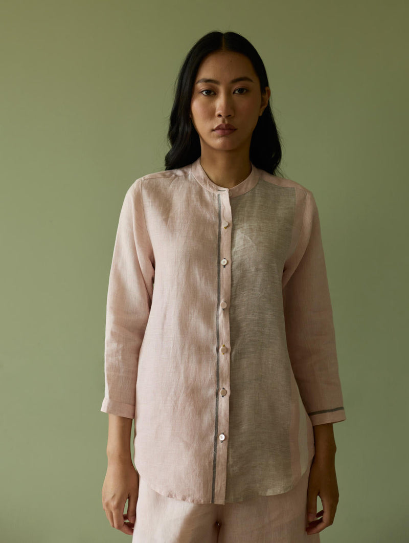 Aline Mandarin Collar Border Linen Shirt-Blush linen by Manan in blush color for women Worldwide