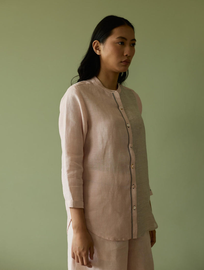Aline Mandarin Collar Border Linen Shirt-Blush linen by Manan in blush color for women Worldwide