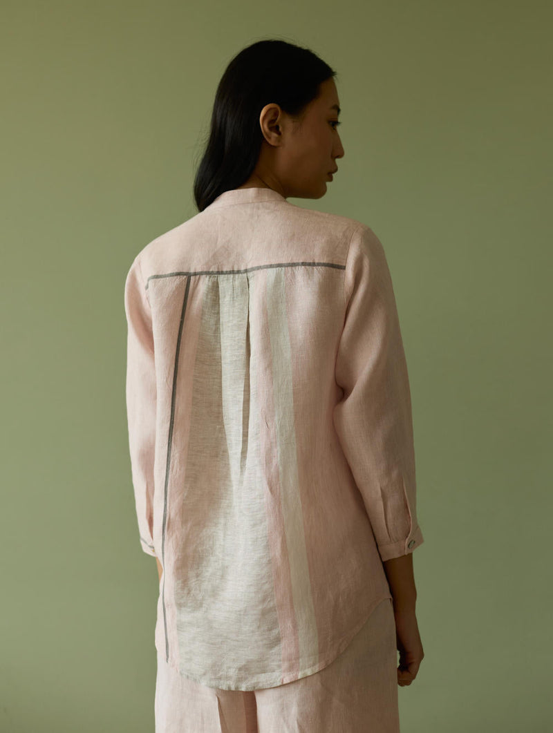 Aline Mandarin Collar Border Linen Shirt-Blush linen by Manan in blush color for women Worldwide