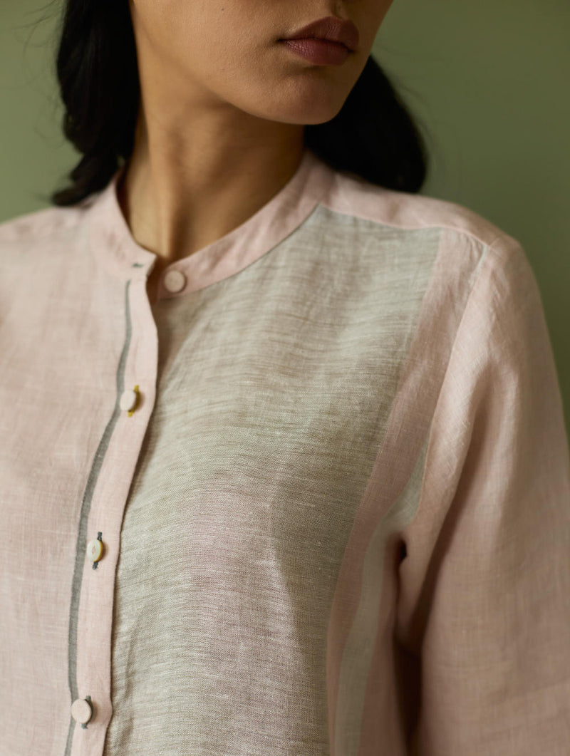 Aline Mandarin Collar Border Linen Shirt-Blush linen by Manan in blush color for women Worldwide