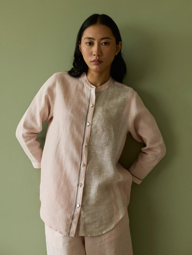 Aline Mandarin Collar Border Linen Shirt-Blush linen by Manan in blush color for women Worldwide