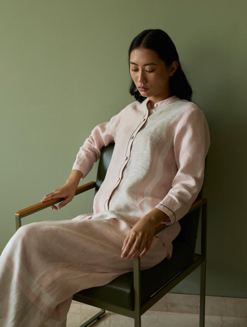 Aline Mandarin Collar Border Linen Shirt-Blush linen by Manan in blush color for women Worldwide