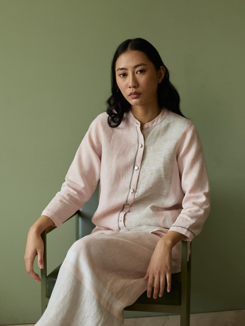Aline Mandarin Collar Border Linen Shirt-Blush linen by Manan in blush color for women Worldwide