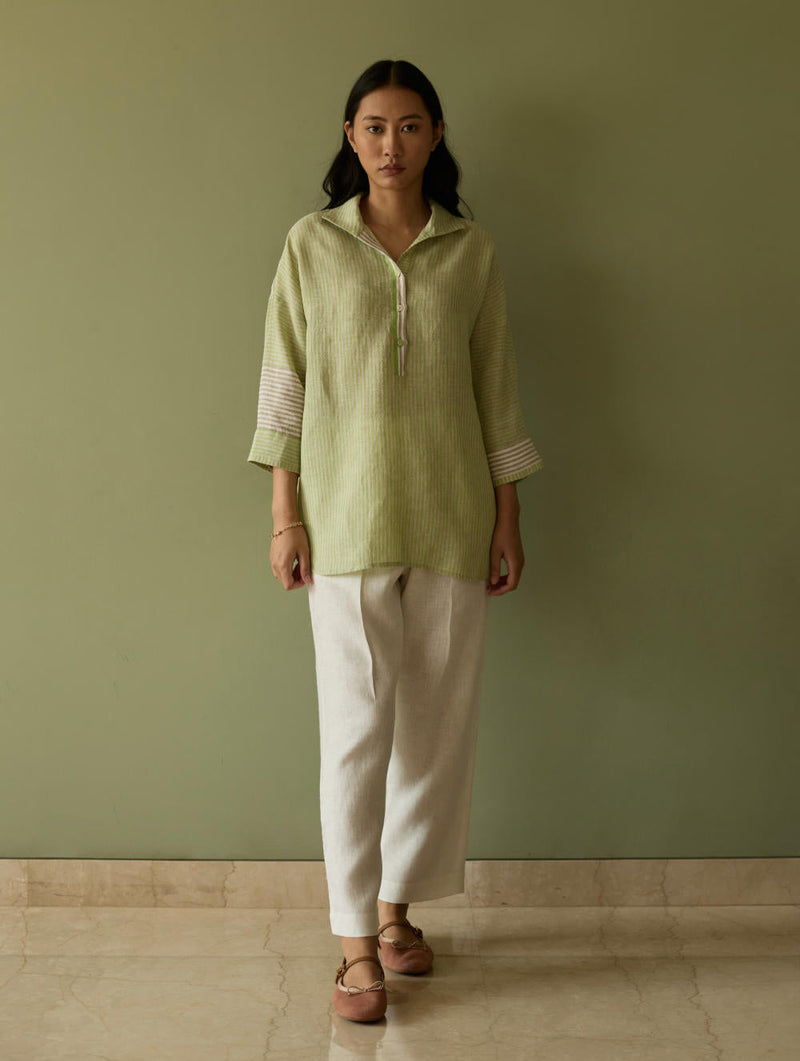 Risa Stripe Linen Shirt-Meadow linen by Manan in green color for women Worldwide