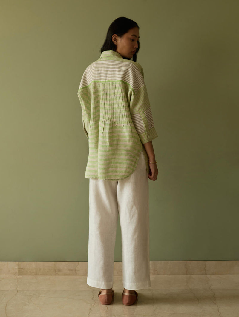 Risa Stripe Linen Shirt-Meadow linen by Manan in green color for women Worldwide