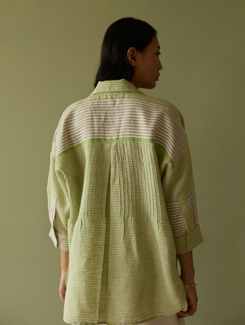 Risa Stripe Linen Shirt-Meadow linen by Manan in green color for women Worldwide
