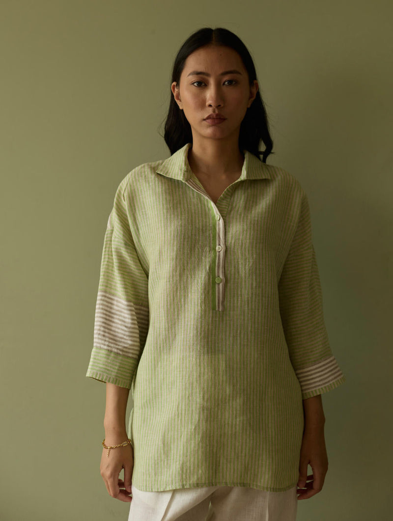 Risa Stripe Linen Shirt-Meadow linen by Manan in green color for women Worldwide