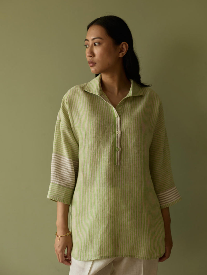 Risa Stripe Linen Shirt-Meadow linen by Manan in green color for women Worldwide