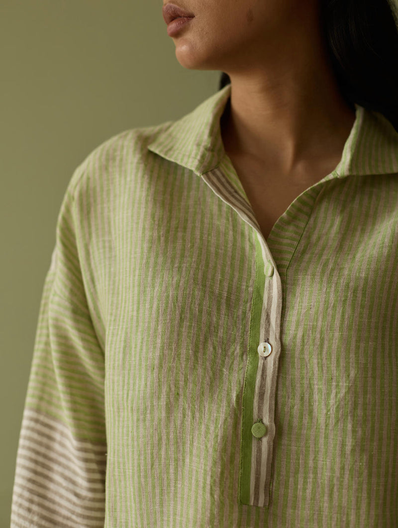 Risa Stripe Linen Shirt-Meadow linen by Manan in green color for women Worldwide