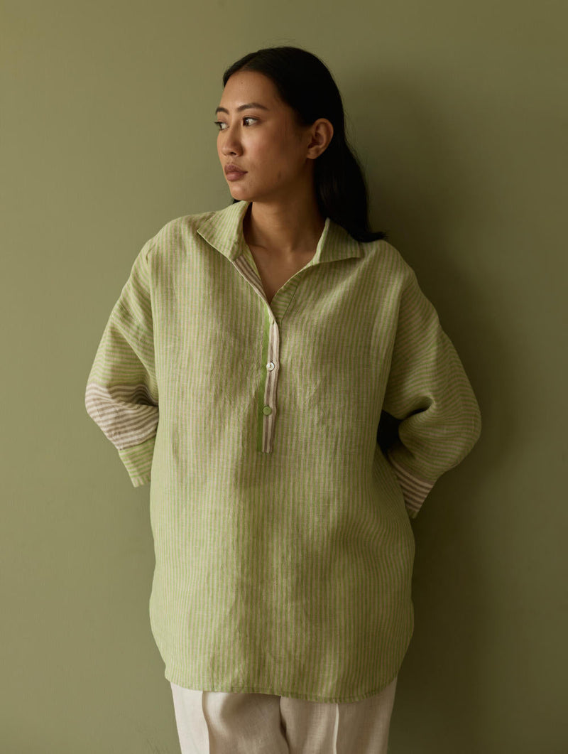 Risa Stripe Linen Shirt-Meadow linen by Manan in green color for women Worldwide