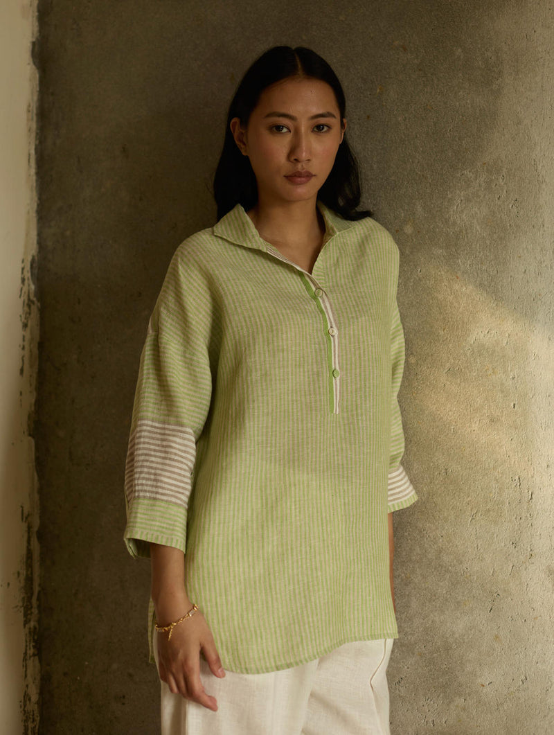 Risa Stripe Linen Shirt-Meadow linen by Manan in green color for women Worldwide