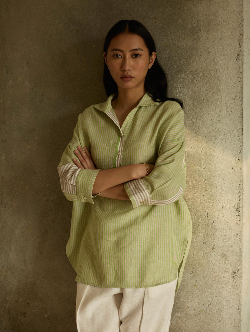 Risa Stripe Linen Shirt-Meadow linen by Manan in green color for women Worldwide
