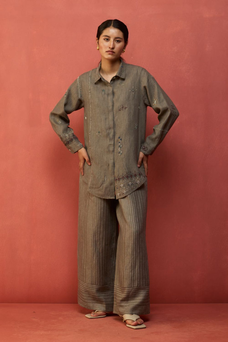 Kira Hand-Embroidered Linen Co-ord Set - Grey by Manan for Worldwide