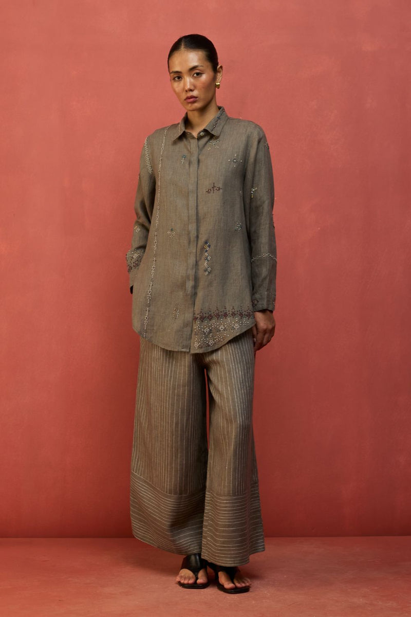 Kira Hand-Embroidered Linen Co-ord Set - Grey by Manan for Worldwide