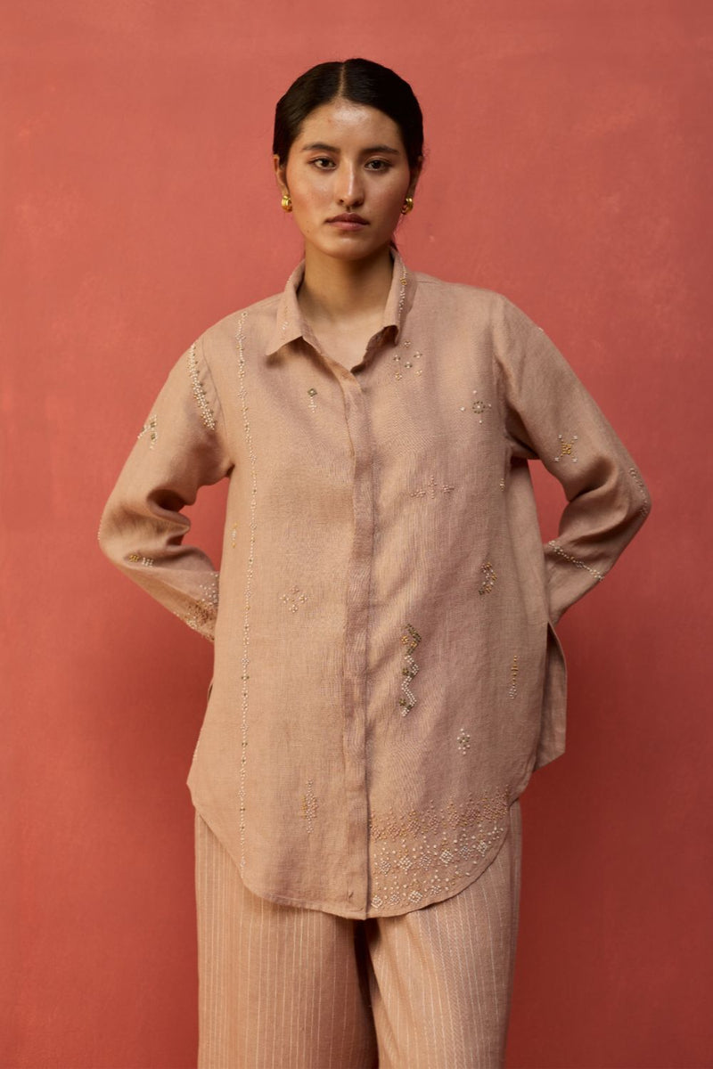 Kira Hand-Embroidered Linen Co-ord Set - Dusty Rose by Manan for Worldwide