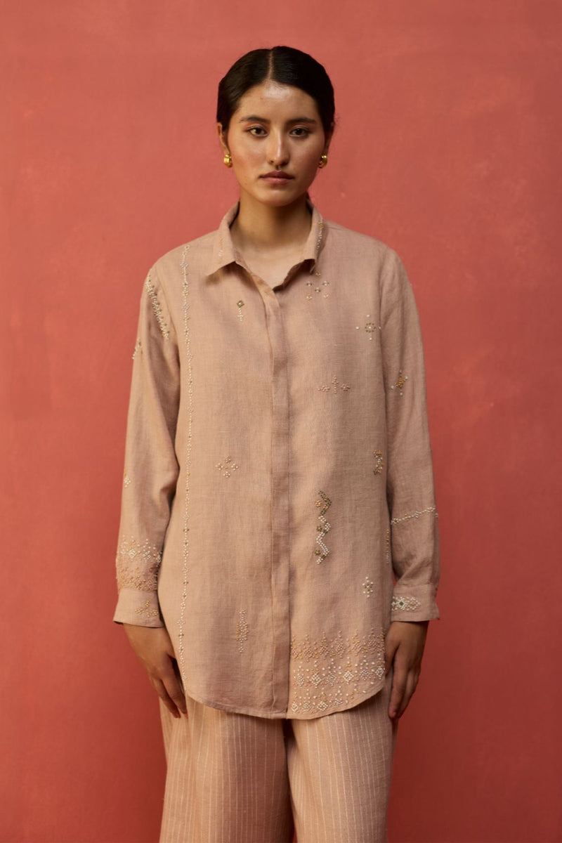 Kira Hand-Embroidered Linen Co-ord Set - Dusty Rose by Manan for Worldwide