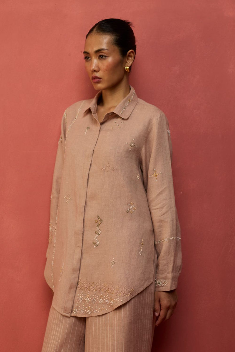 Kira Hand-Embroidered Linen Co-ord Set - Dusty Rose by Manan for Worldwide