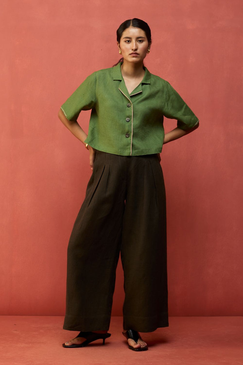 Kiera Cuban Collar Linen Co-ord Set - Fern Green by Manan for Worldwide
